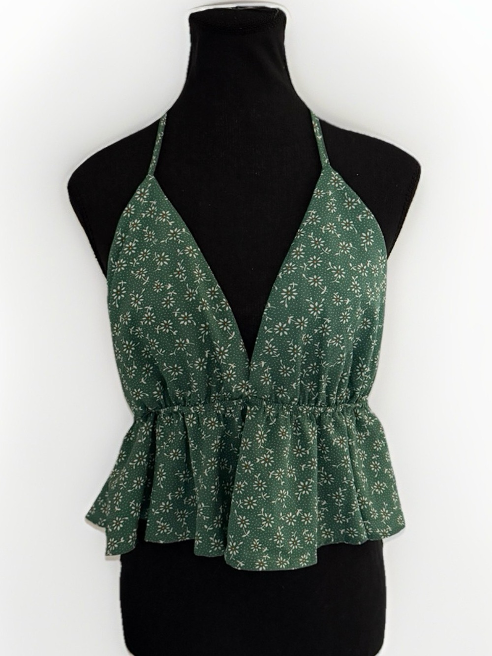 SHEIN Green Daisy Floral Halter Peplum Top Size L